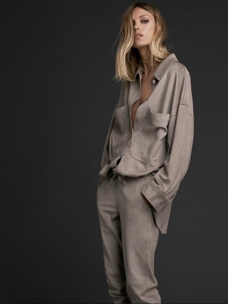 Zara Oversized Faux Suede Shirt In Gray/Taupe